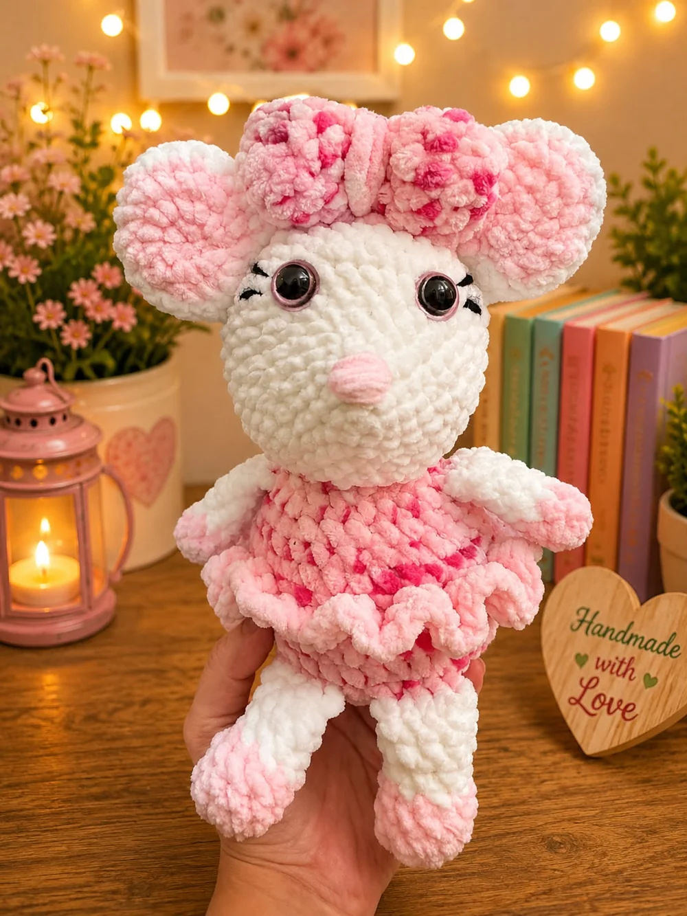 Pink bow mouse — crochet creation