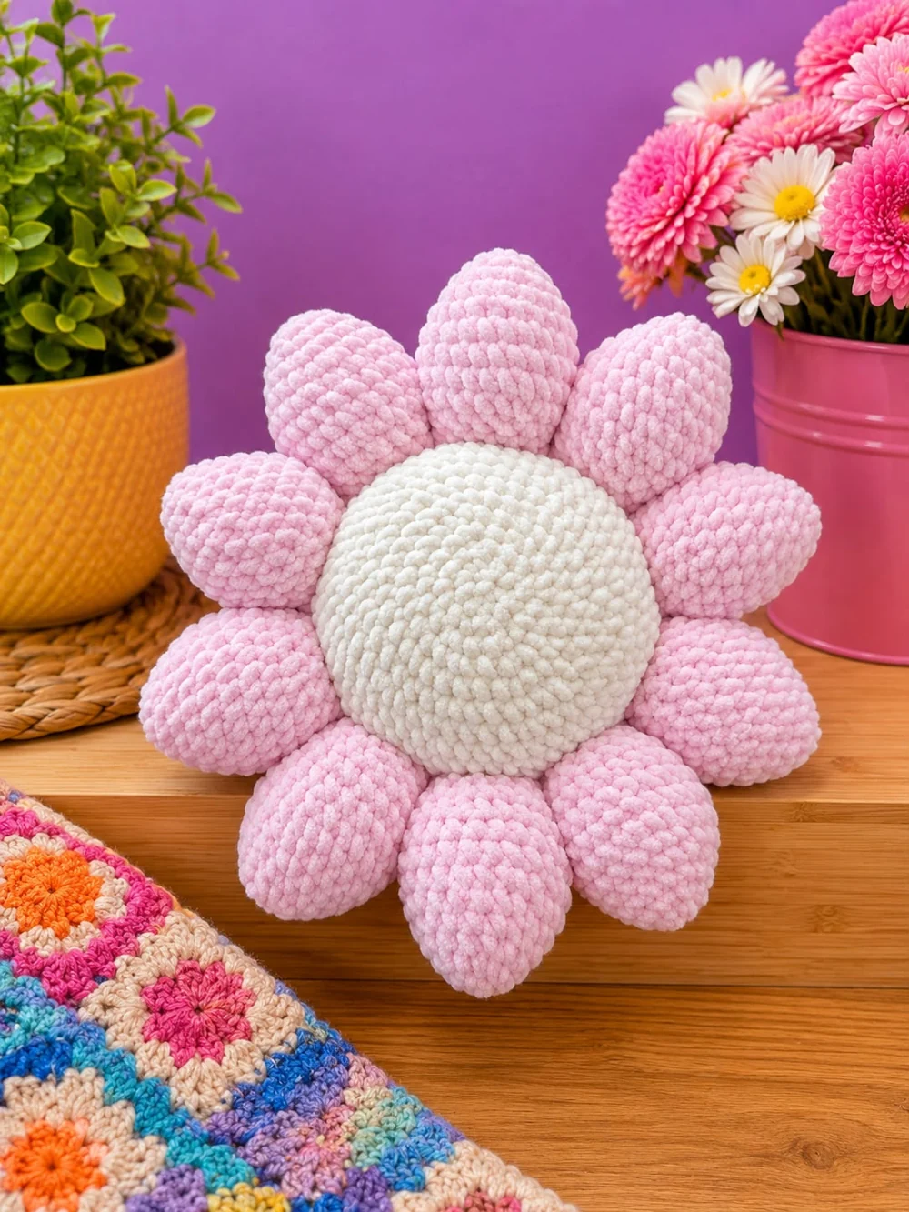 Pink daisy cushion — crochet creation